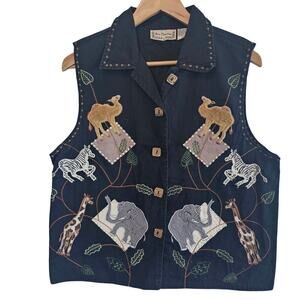 Vintage New Direction Vest Women Size Large Black 90s Animals Safari Indie Retro